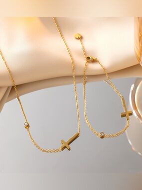 Gold Cross Pendant Necklace and Bracelet Set